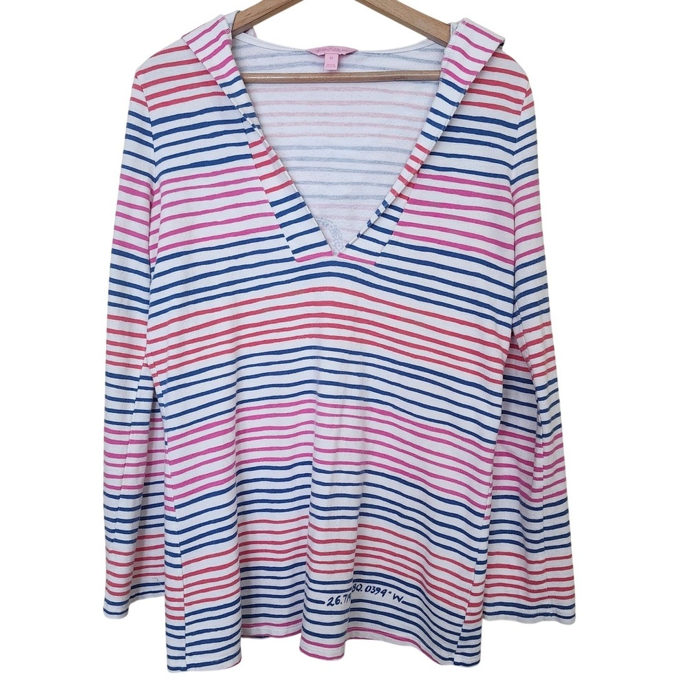 Lilly Pulitzer Striped Anchor Hooded Tunic Cover Up Beach Shirt Women's Medium